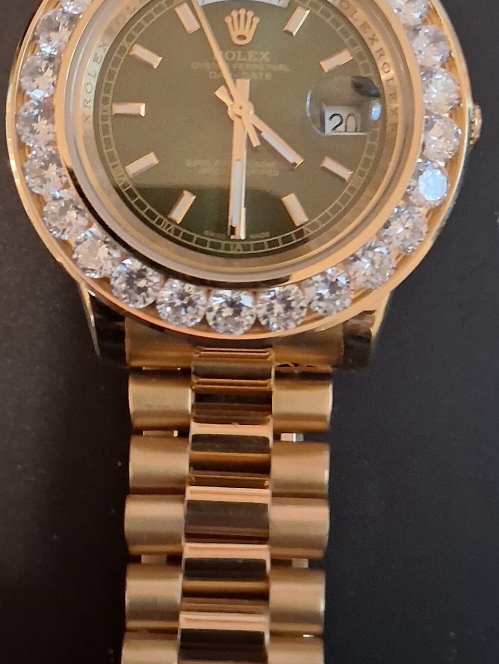 BLING WATCH  Day-Date Gold Watch with Dark Green and Diamond Bezel Automatic - Picture 6 of 7